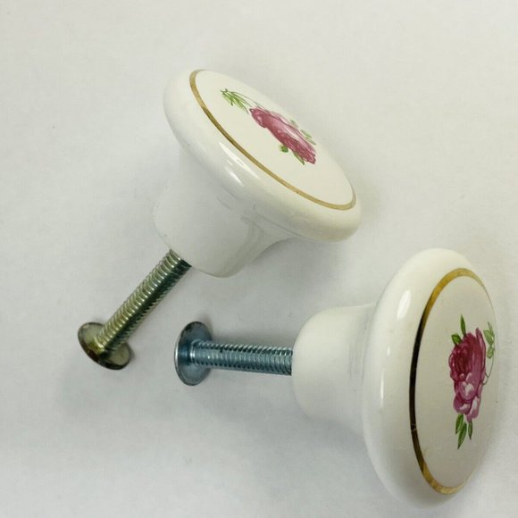 Vintage Japan White Porcelain Drawer Knobs Pulls Pink Tea Rose Gold Trim Set 2 - Picture 3 of 11